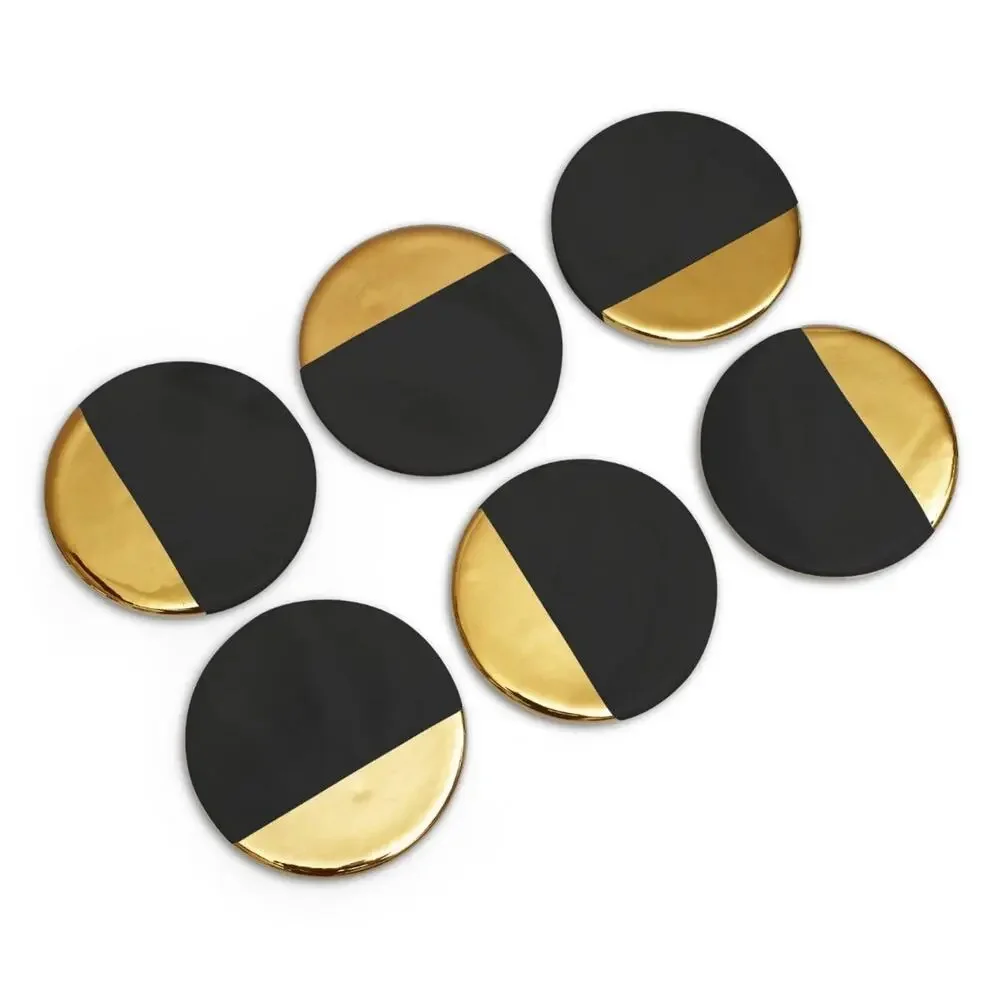 Luxury Black Marble Abstract Gold Accent Round Beverage Coasters - Set Of 6